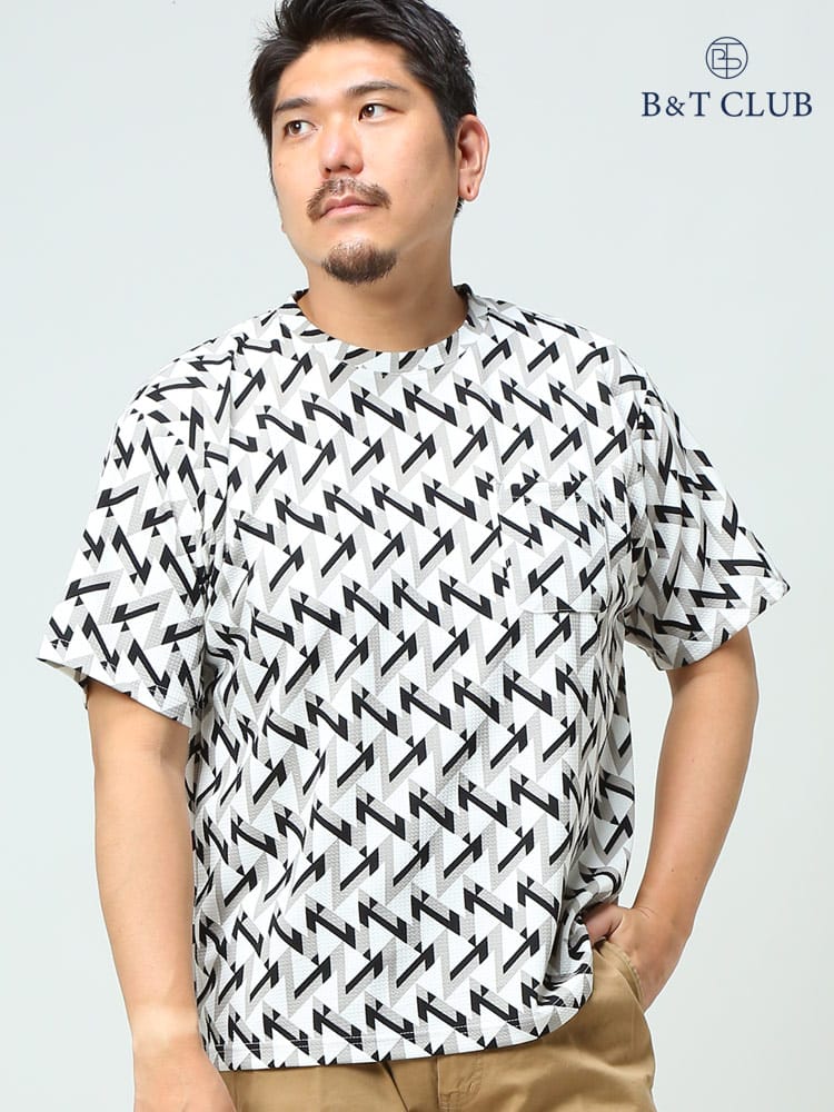 在庫処分 返品交換不可 大きいサイズ メンズ B＆T CLUB (ビーアンドティークラブ) 快ラクWEAR 快楽 カイラク ストレッチ ドライ 防臭 ワッフル 総柄 ポケット クルーネック 半袖 Tシャツ