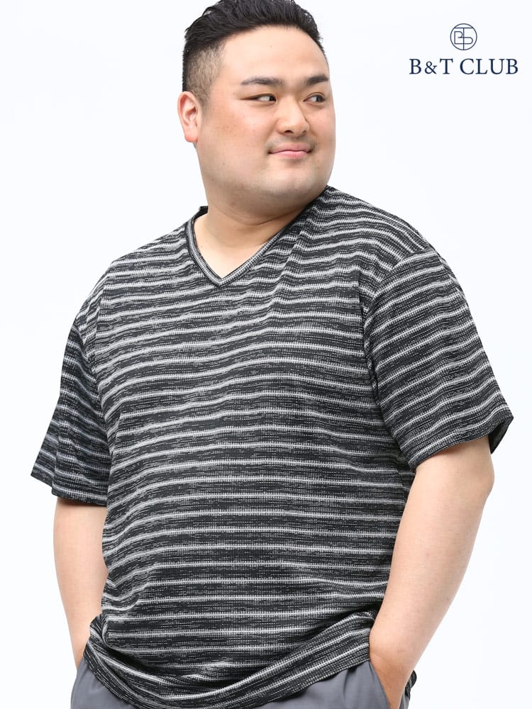 大きいサイズ メンズ B＆T CLUB (ビーアンドティークラブ) 杢調 テレコ ボーダー Vネック 半袖 Tシャツ