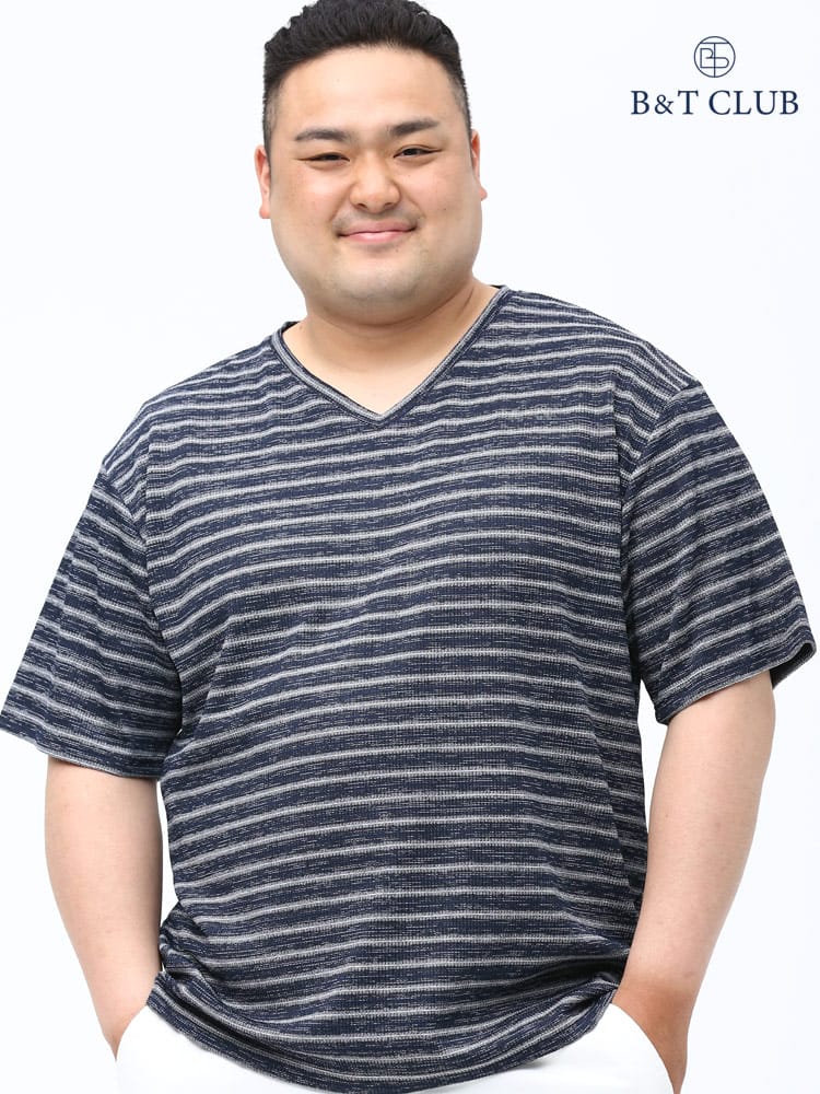 大きいサイズ メンズ B＆T CLUB (ビーアンドティークラブ) 杢調 テレコ ボーダー Vネック 半袖 Tシャツ