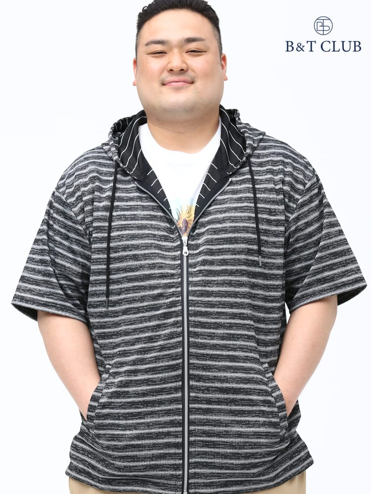 大きいサイズ メンズ B＆T CLUB (ビーアンドティークラブ) 杢調 テレコボーダー フルジップ 半袖 パーカー