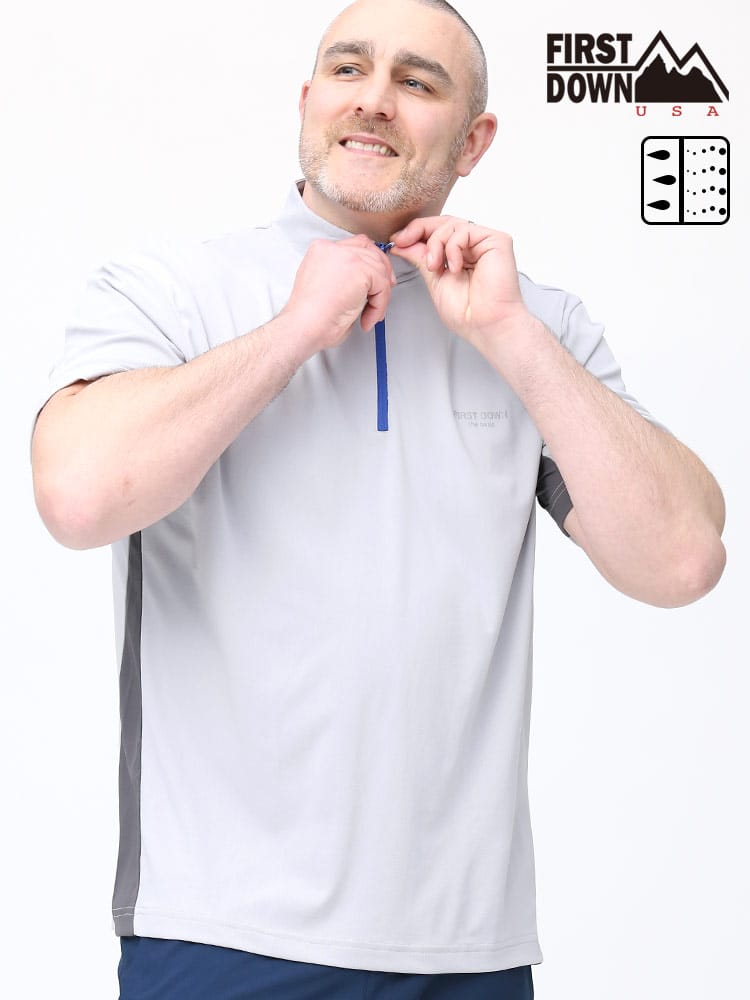 大きいサイズ メンズ FIRST DOWN BASIC (ファーストダウンベーシック) 超吸水速乾 配色ハーフジップ 半袖 シャツ
