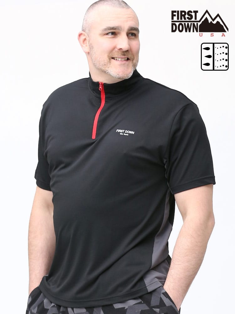 大きいサイズ メンズ FIRST DOWN BASIC (ファーストダウンベーシック) 超吸水速乾 配色ハーフジップ 半袖 シャツ