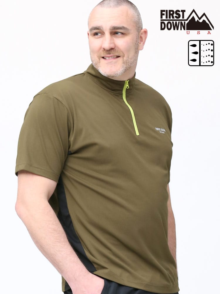 大きいサイズ メンズ FIRST DOWN BASIC (ファーストダウンベーシック) 超吸水速乾 配色ハーフジップ 半袖 シャツ
