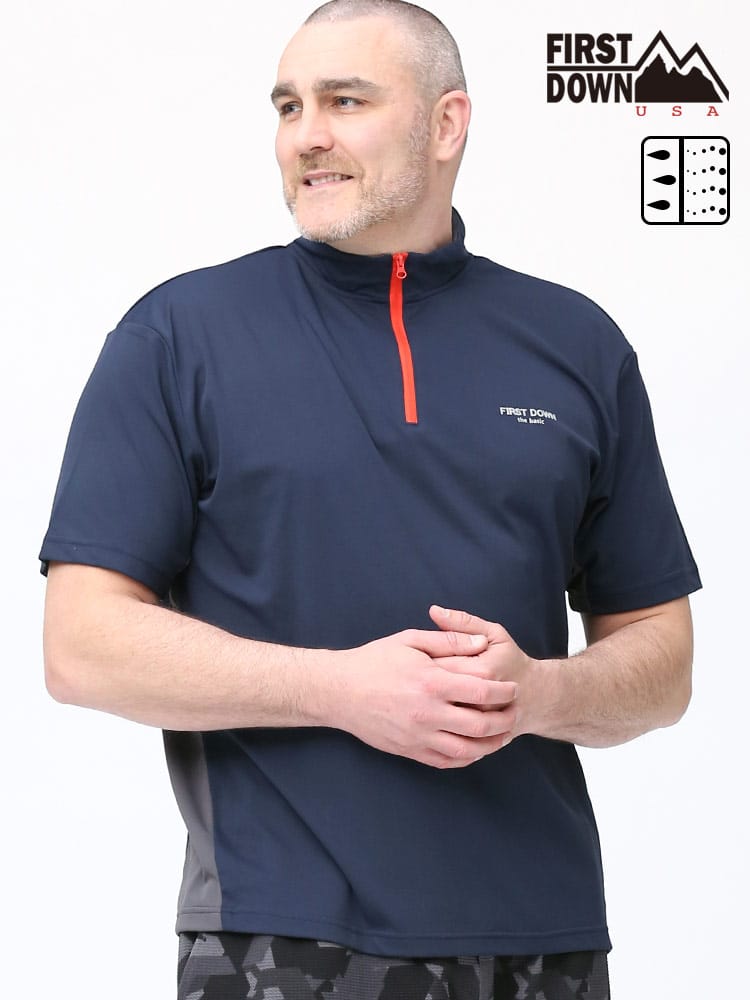 大きいサイズ メンズ FIRST DOWN BASIC (ファーストダウンベーシック) 超吸水速乾 配色ハーフジップ 半袖 シャツ