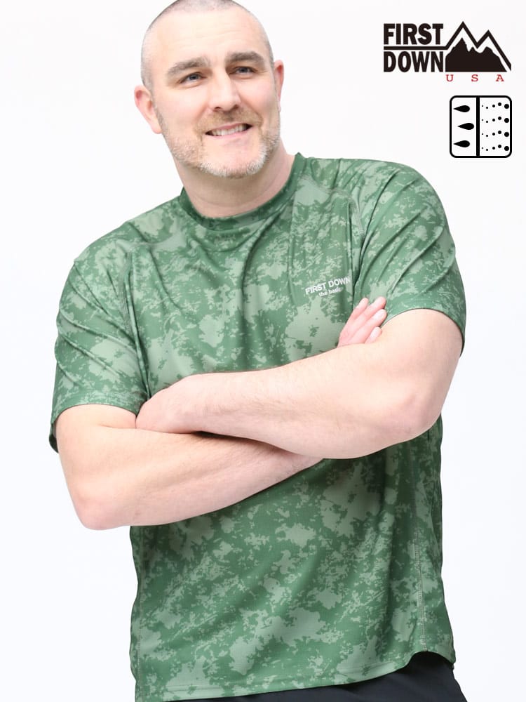 大きいサイズ メンズ FIRST DOWN BASIC (ファーストダウンベーシック) 吸水速乾 迷彩プリント クルーネック 半袖 Tシャツ