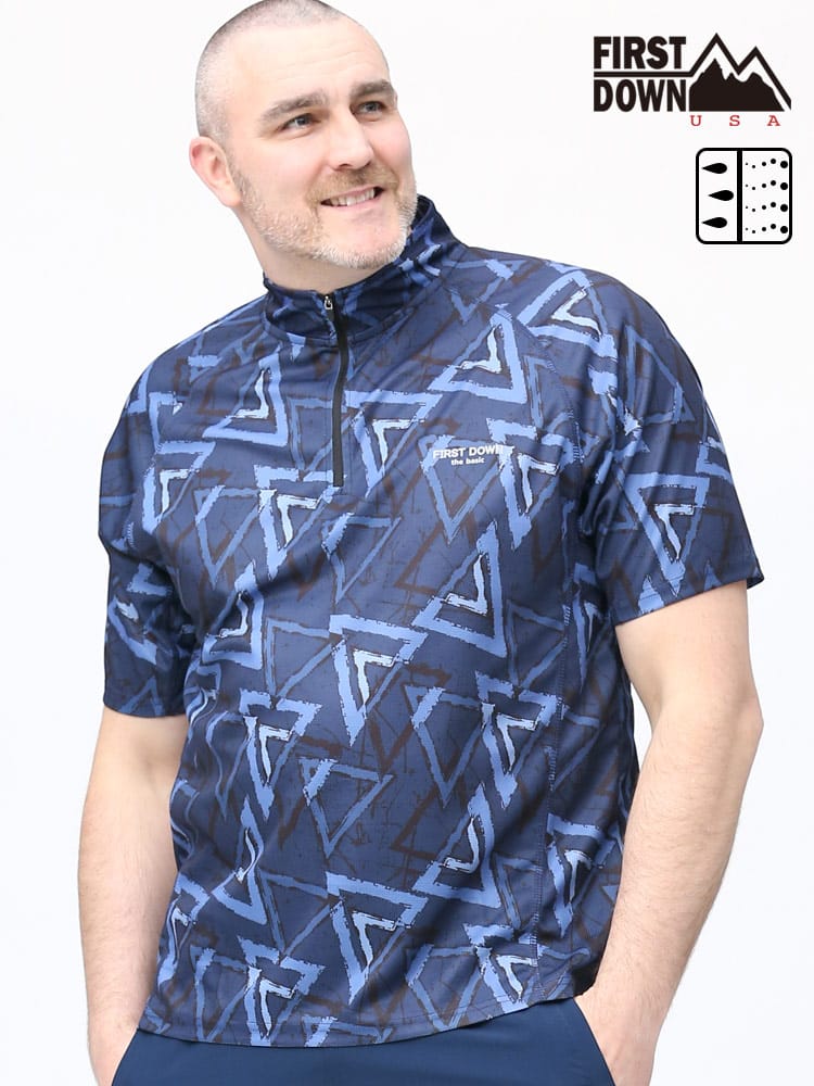 大きいサイズ メンズ FIRST DOWN BASIC (ファーストダウンベーシック) 吸水速乾 総柄プリント ハーフジップ 半袖 シャツ