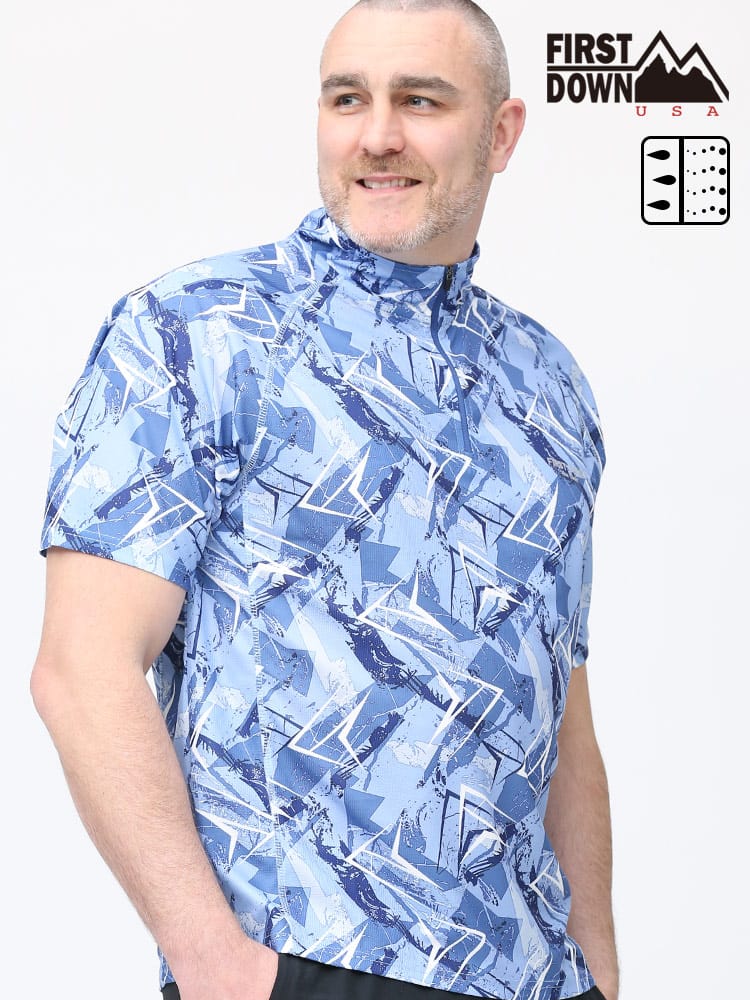 大きいサイズ メンズ FIRST DOWN BASIC (ファーストダウンベーシック) 吸水速乾 総柄プリント ハーフジップ 半袖 シャツ