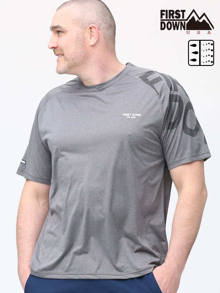 大きいサイズ メンズ FIRST DOWN BASIC (ファーストダウンベーシック) 吸水速乾 袖ロゴ カチオン ワッフル クルーネック 半袖 Tシャツ