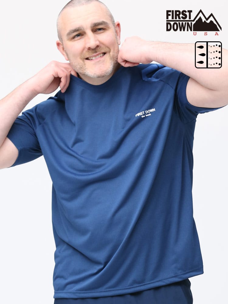 大きいサイズ メンズ FIRST DOWN BASIC (ファーストダウンベーシック) 吸水速乾 袖ロゴ カチオン ワッフル クルーネック 半袖 Tシャツ