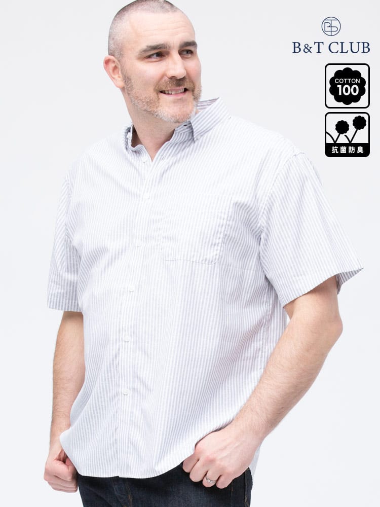 大きいサイズ メンズ B＆T CLUB (ビーアンドティークラブ) 抗菌消臭 ストライプジャガード ボタンダウン ポケット 半袖 シャツ