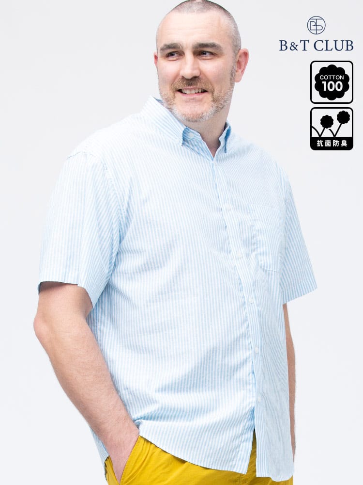 大きいサイズ メンズ B＆T CLUB (ビーアンドティークラブ) 抗菌消臭 ストライプジャガード ボタンダウン ポケット 半袖 シャツ