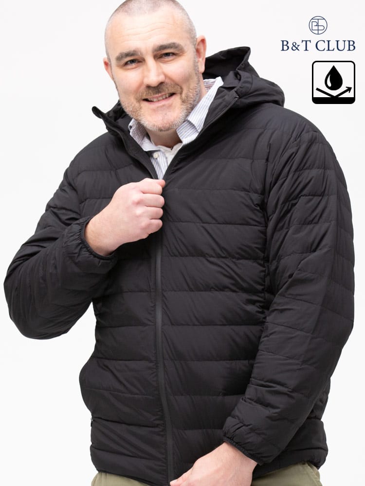 大きいサイズ メンズ B＆T CLUB (ビーアンドティークラブ) 撥水 ストレッチナイロン フルジップ ライトダウン パーカー