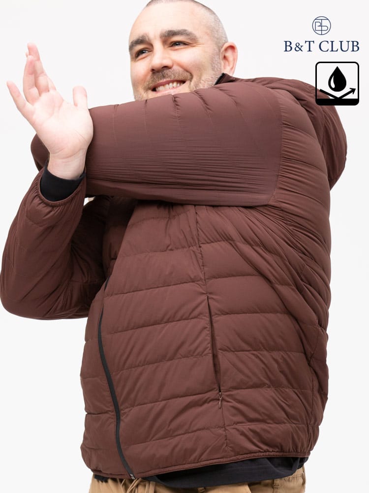 大きいサイズ メンズ B＆T CLUB (ビーアンドティークラブ) 撥水 ストレッチナイロン フルジップ ライトダウン パーカー