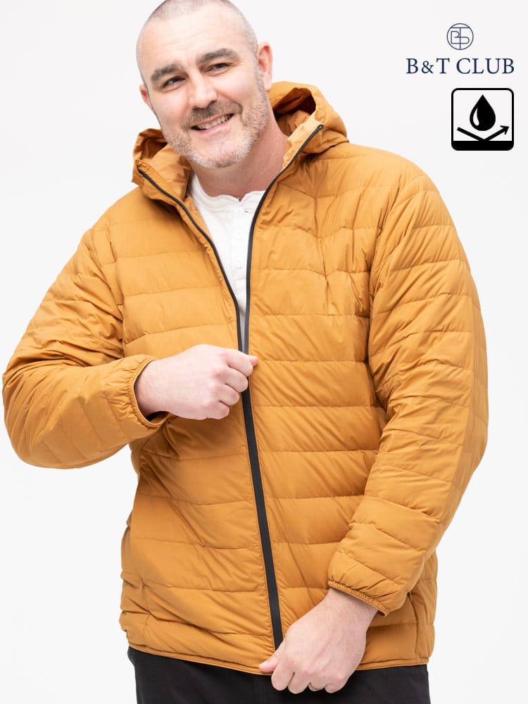 大きいサイズ メンズ B＆T CLUB (ビーアンドティークラブ) 撥水 ストレッチナイロン フルジップ ライトダウン パーカー