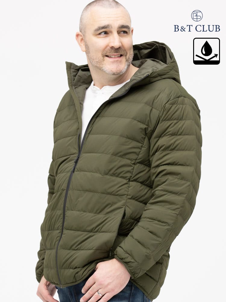 大きいサイズ メンズ B＆T CLUB (ビーアンドティークラブ) 撥水 ストレッチナイロン フルジップ ライトダウン パーカー