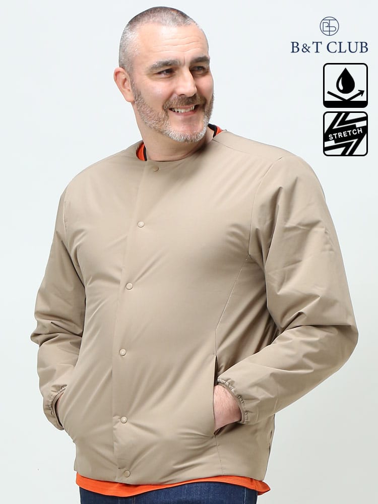 大きいサイズ メンズ B＆T CLUB (ビーアンドティークラブ) 撥水 ストレッチ 快適生地 ボタン ノーカラー 中綿 ブルゾン