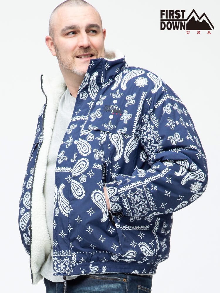 大きいサイズ メンズ FIRST DOWN USA (ファーストダウンユーエスエー) リバーシブル 柄×ボア フルジップ ジャケット