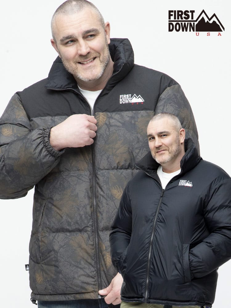 大きいサイズ メンズ FIRST DOWN USA (ファーストダウンユーエスエー) 切り替え 総柄プリント フルジップ スタンド ダウンジャケット