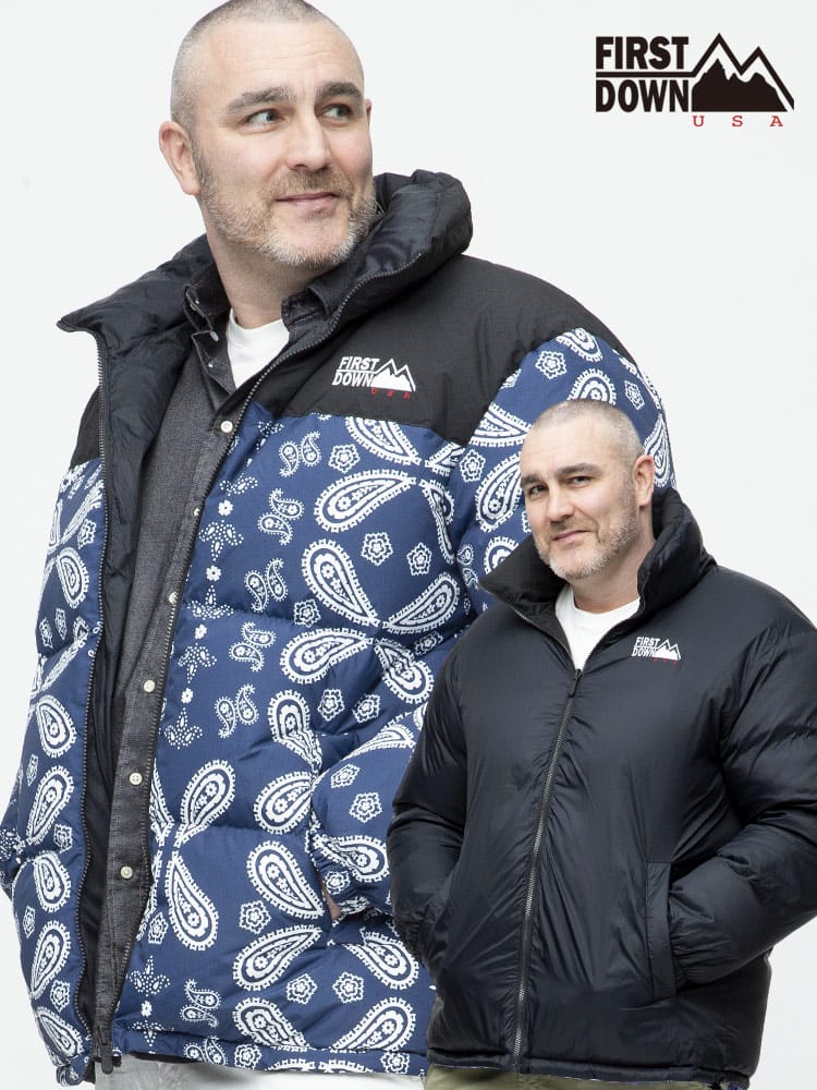大きいサイズ メンズ FIRST DOWN USA (ファーストダウンユーエスエー) 切り替え 総柄プリント フルジップ スタンド ダウンジャケット