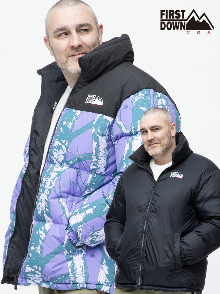 大きいサイズ メンズ FIRST DOWN USA (ファーストダウンユーエスエー) 切り替え 総柄プリント フルジップ スタンド ダウンジャケット