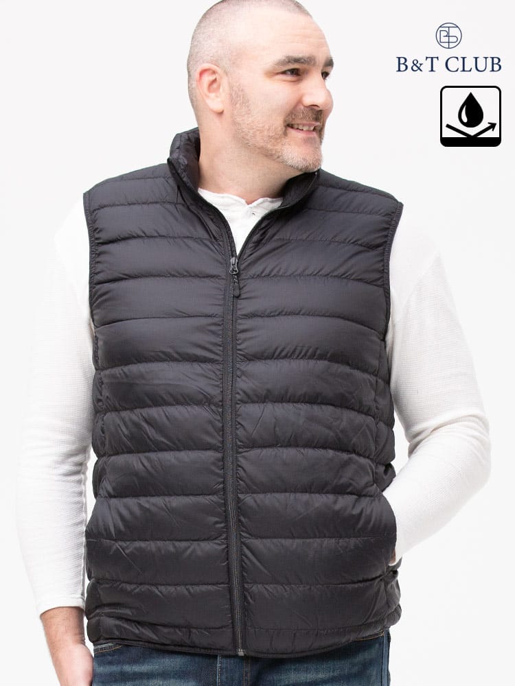 大きいサイズ メンズ B＆T CLUB (ビーアンドティークラブ) 撥水 ポケッタブル フルジップ スタンド ライトダウン ベスト
