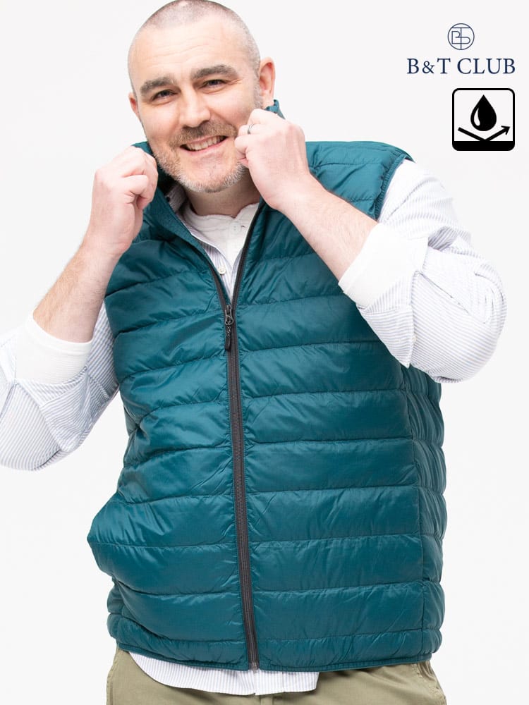 大きいサイズ メンズ B＆T CLUB (ビーアンドティークラブ) 撥水 ポケッタブル フルジップ スタンド ライトダウン ベスト