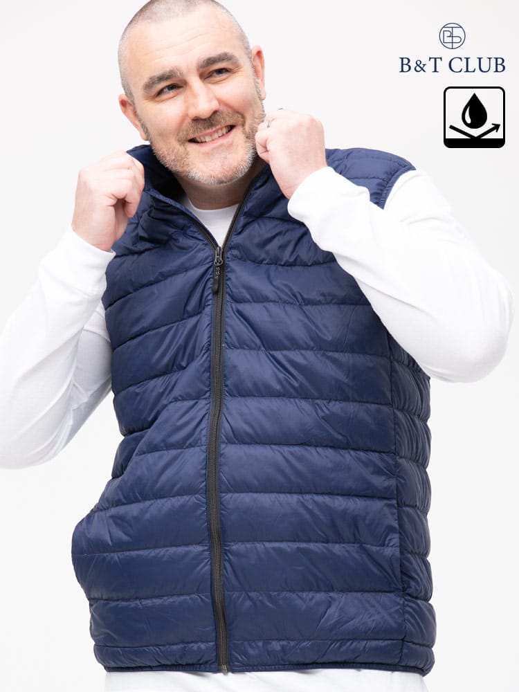 大きいサイズ メンズ B＆T CLUB (ビーアンドティークラブ) 撥水 ポケッタブル フルジップ スタンド ライトダウン ベスト