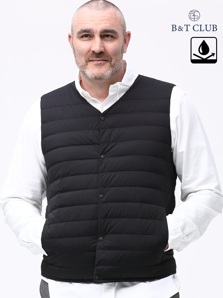 大きいサイズ メンズ B＆T CLUB (ビーアンドティークラブ) 撥水 フルボタン ノーカラー ライトダウン ベスト