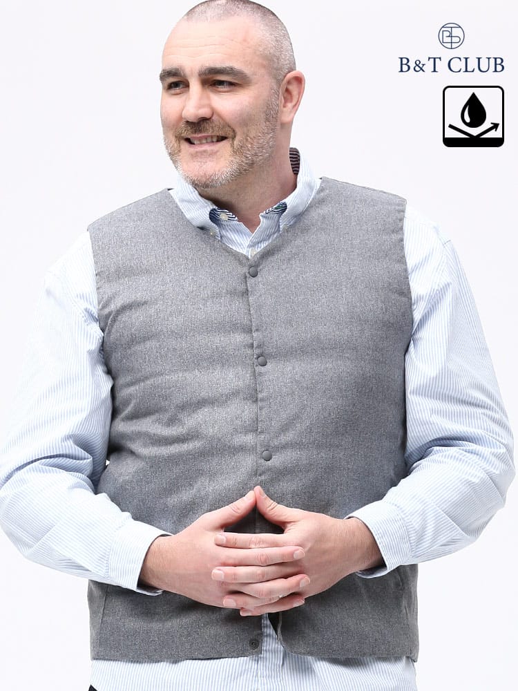 大きいサイズ メンズ B＆T CLUB (ビーアンドティークラブ) 撥水 フルボタン ノーカラー ライトダウン ベスト