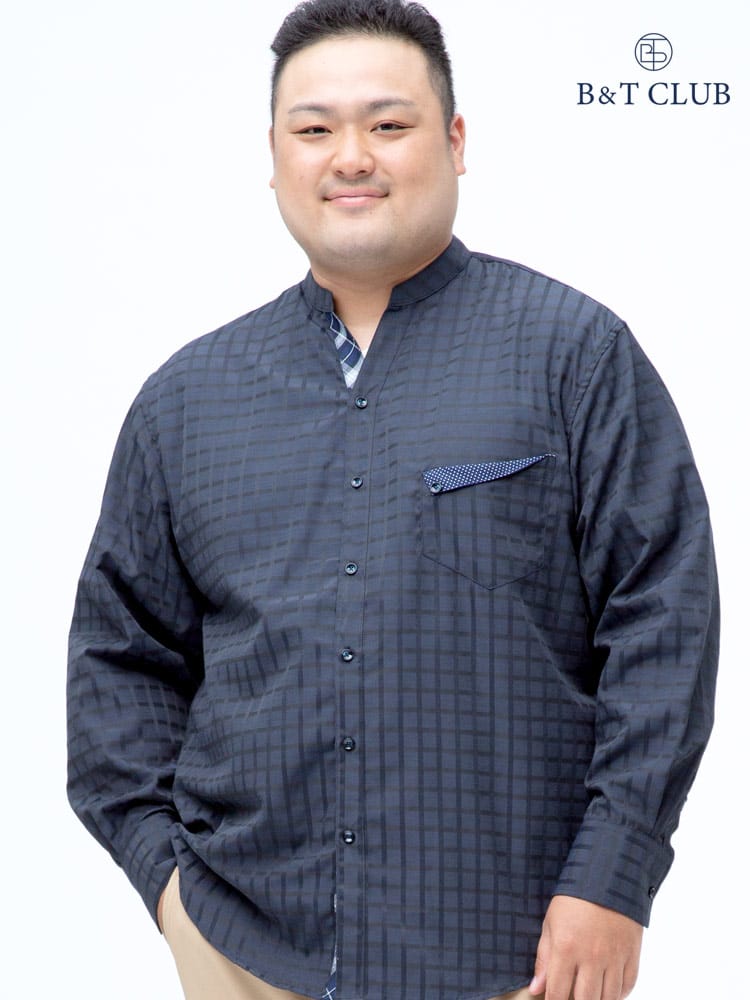 大きいサイズ メンズ B＆T CLUB (ビーアンドティークラブ) 抗菌消臭 ドビーチェック バンドカラー 長袖 シャツ