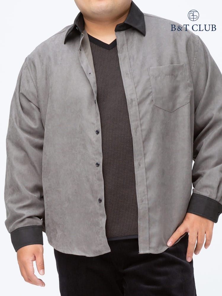 大きいサイズ メンズ B＆T CLUB (ビーアンドティークラブ) 抗菌消臭 細コーデュロイ 襟切り替え 長袖 シャツ