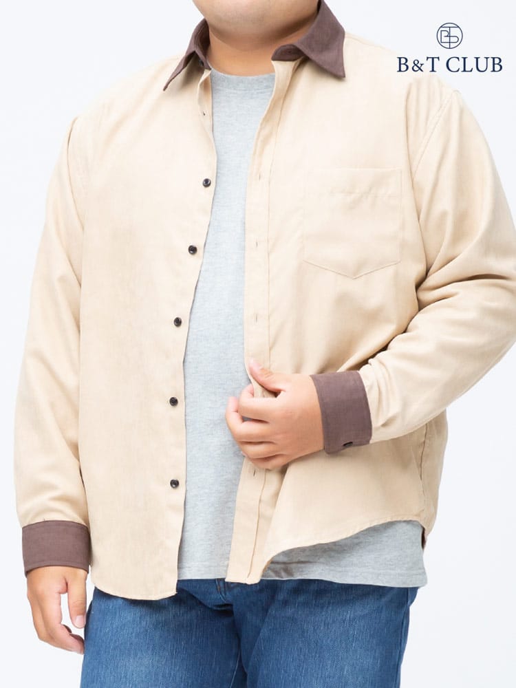 大きいサイズ メンズ B＆T CLUB (ビーアンドティークラブ) 抗菌消臭 細コーデュロイ 襟切り替え 長袖 シャツ