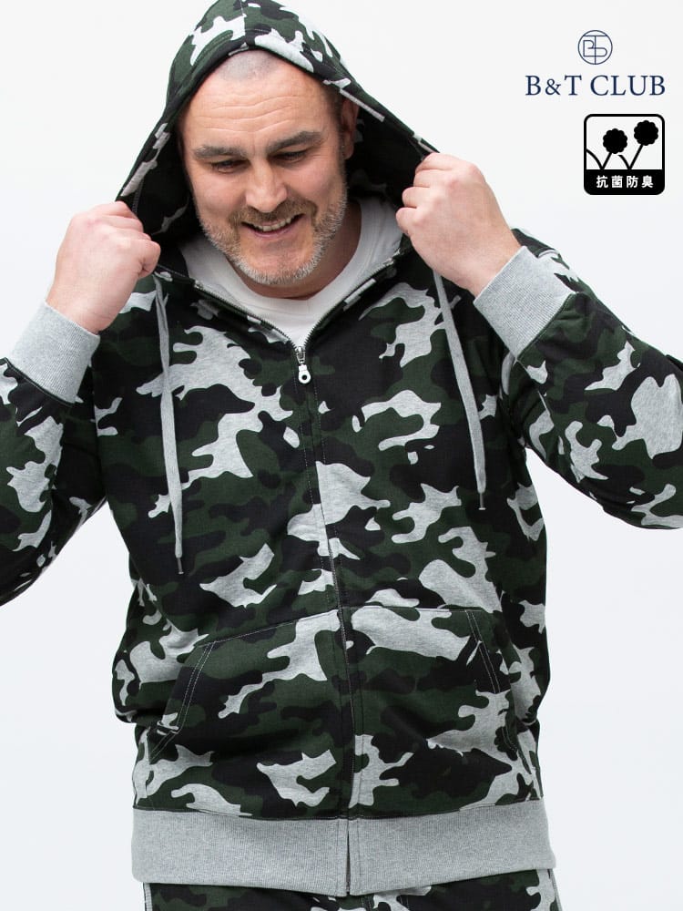 大きいサイズ メンズ B＆T CLUB (ビーアンドティークラブ) USAコットン カモフラ＆無地 フルジップ パーカー
