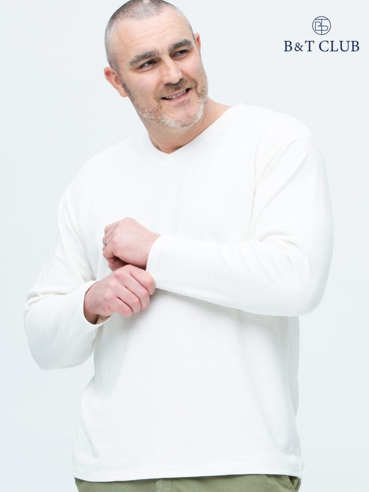 大きいサイズ メンズ B＆T CLUB (ビーアンドティークラブ) リップボーダー Vネック 長袖 Tシャツ ロンT