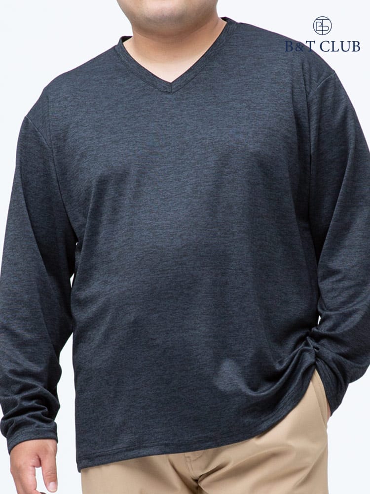 大きいサイズ メンズ B＆T CLUB (ビーアンドティークラブ) メランジ ポンチ Vネック 長袖 Tシャツ ロンT