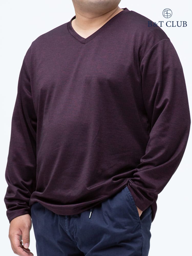 大きいサイズ メンズ B＆T CLUB (ビーアンドティークラブ) メランジ ポンチ Vネック 長袖 Tシャツ ロンT