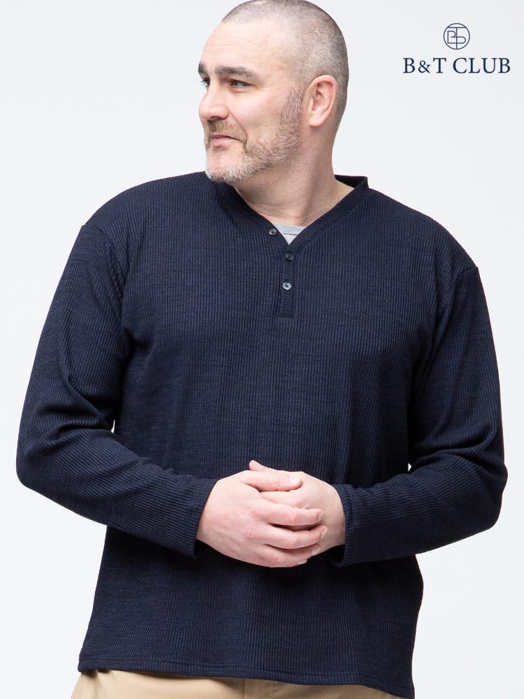 大きいサイズ メンズ B＆T CLUB (ビーアンドティークラブ) リブニット フェイクレイヤード ヘンリーネック 長袖 Tシャツ ロンT