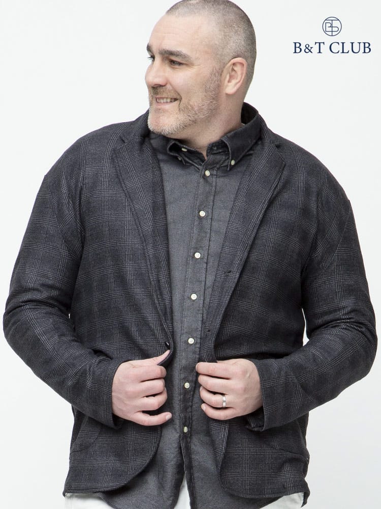 大きいサイズ メンズ B＆T CLUB (ビーアンドティークラブ) 快ラクWEAR 快楽 カイラク ストレッチ 裏起毛 チェック柄 シングル 2ツ釦 スムース カットジャケット