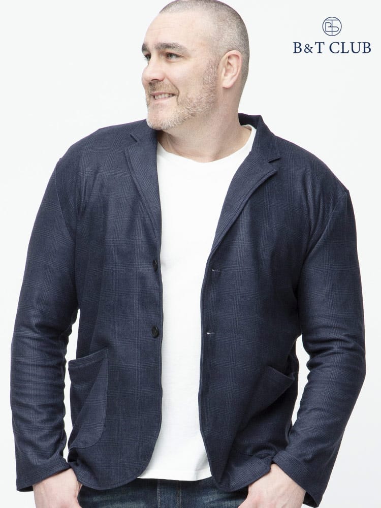 大きいサイズ メンズ B＆T CLUB (ビーアンドティークラブ) 快ラクWEAR 快楽 カイラク ストレッチ 裏起毛 チェック柄 シングル 2ツ釦 スムース カットジャケット