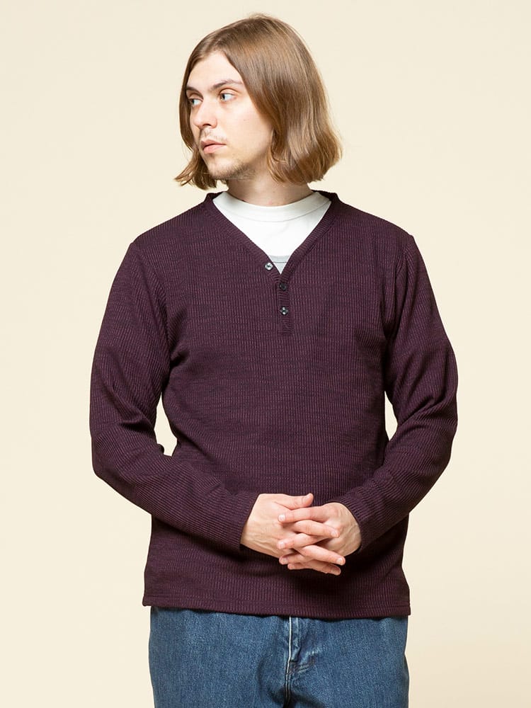 S＆SONS (エスアンドサンズ) 裏起毛 フェイクレイヤード ヘンリーネック リブ ニットソー