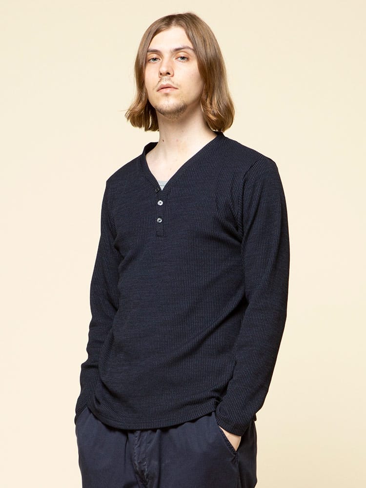 S＆SONS (エスアンドサンズ) 裏起毛 フェイクレイヤード ヘンリーネック リブ ニットソー
