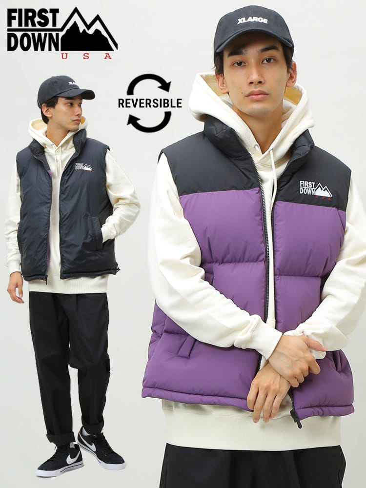 FIRST DOWN USA (ファーストダウンユーエスエー) リバーシブル 切り替え フルジップ ダウンベスト BUBBLE DOWN VEST WEB限定