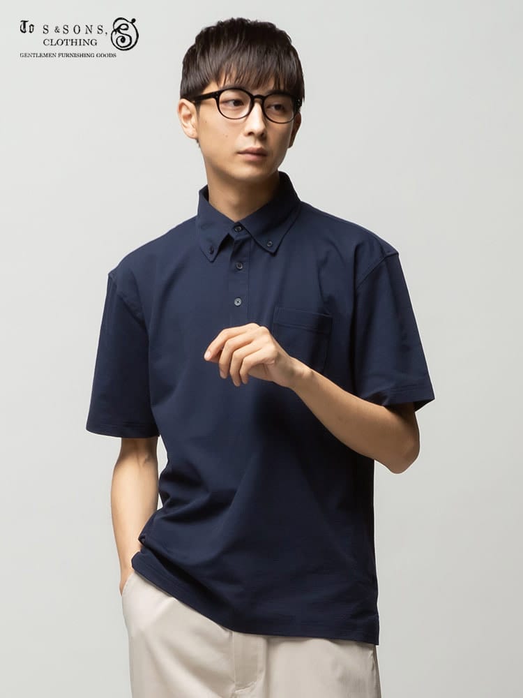 S＆SONS (エスアンドサンズ) SOLOTEX 無地 リブ ボタンダウン 半袖 ポロシャツ