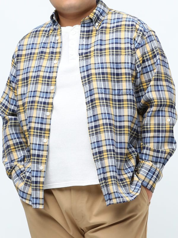 大きいサイズ メンズ B＆T CLUB 抗菌消臭 ワッフル チェック ボタンダウン 長袖 シャツ