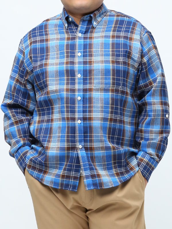 大きいサイズ メンズ B＆T CLUB 抗菌消臭 ワッフル チェック ボタンダウン 長袖 シャツ