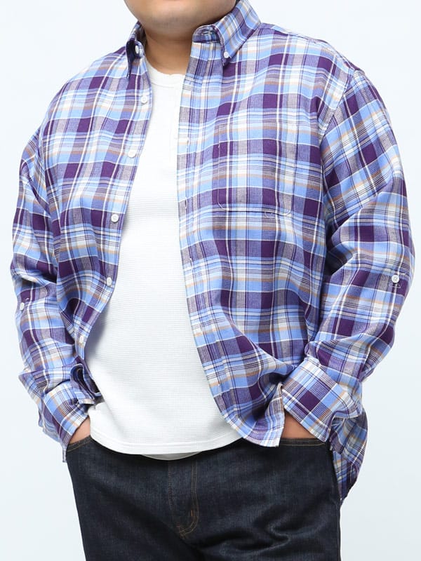 大きいサイズ メンズ B＆T CLUB 抗菌消臭 ワッフル チェック ボタンダウン 長袖 シャツ