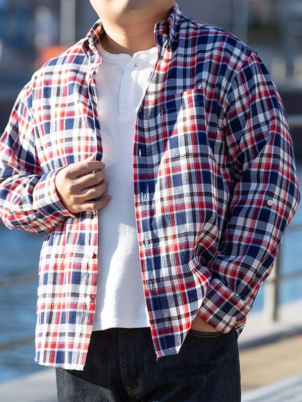 大きいサイズ メンズ B＆T CLUB 抗菌消臭 ワッフル チェック ボタンダウン 長袖 シャツ