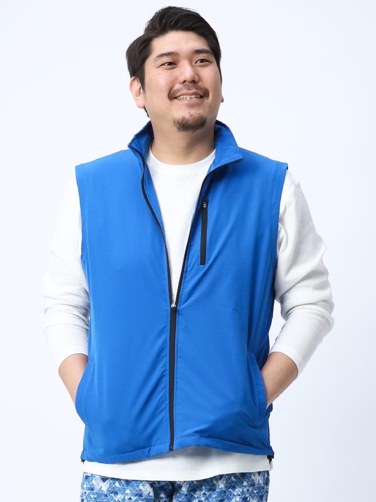 大きいサイズ メンズ B＆T CLUB (ビーアンドティークラブ) ストレッチ 透湿撥水 無地 フルジップ スタンド ベスト 雨の日 梅雨