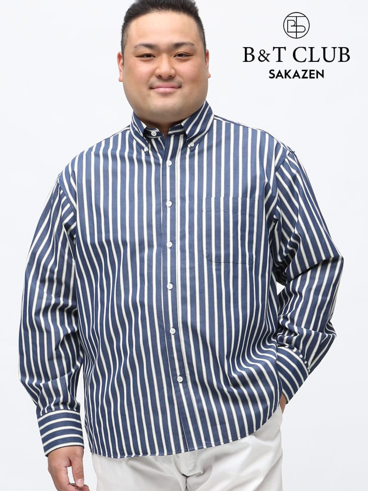 大きいサイズ メンズ B＆T CLUB 抗菌消臭 綿100％ ストライプ ボタンダウン 長袖 シャツ