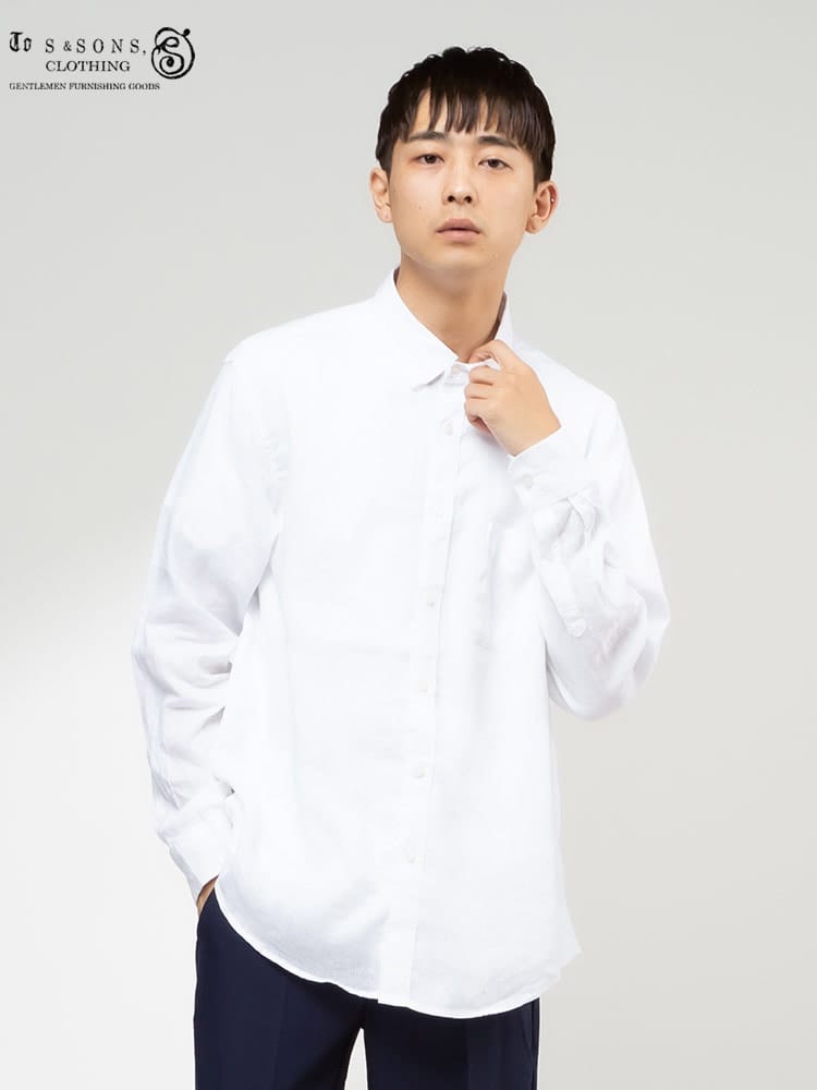 S＆SONS (エスアンドサンズ) 麻100％ 無地 ポケット レギュラーカラー 長袖シャツ